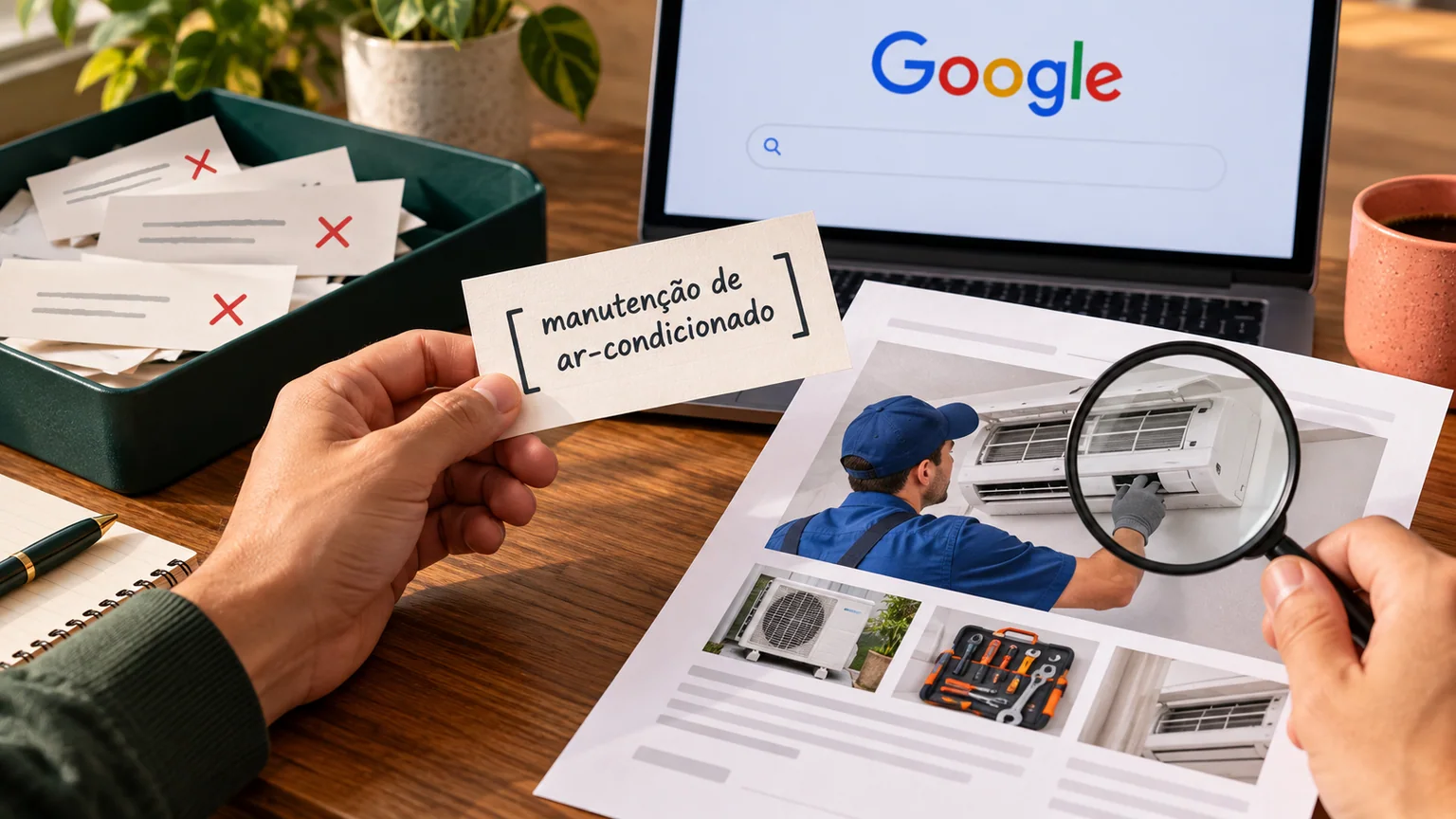Mãos comparam uma ficha de pesquisa de manutenção de ar-condicionado com uma página ilustrada do serviço.