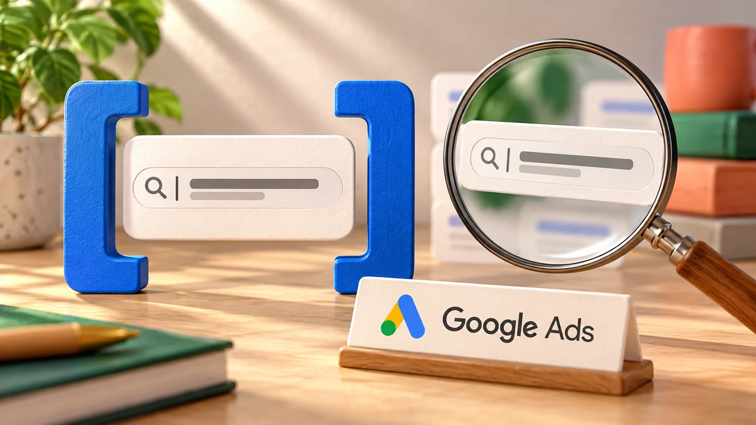 Dois cartões de pesquisa, um entre colchetes azuis e outro sob uma lupa, com placa Google Ads em primeiro plano.