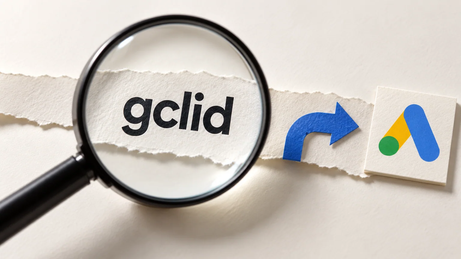 Lupa amplia a palavra gclid em tira de papel ao lado de seta e símbolo Google Ads.