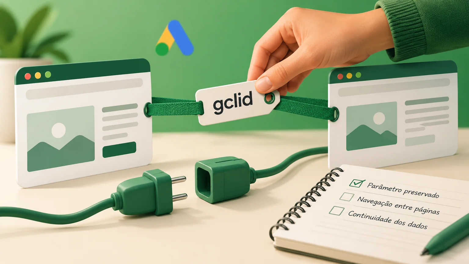 Mão segura etiqueta gclid entre duas páginas ilustradas, com plugue desconectado e caderno de conferência.