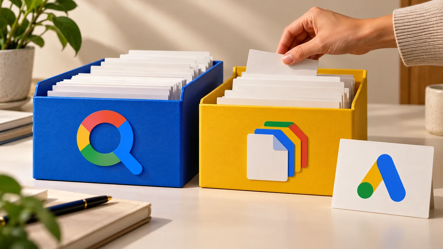 Mão separa fichas em bandejas azul e amarela identificadas por lupa e páginas, ao lado da marca Google Ads.