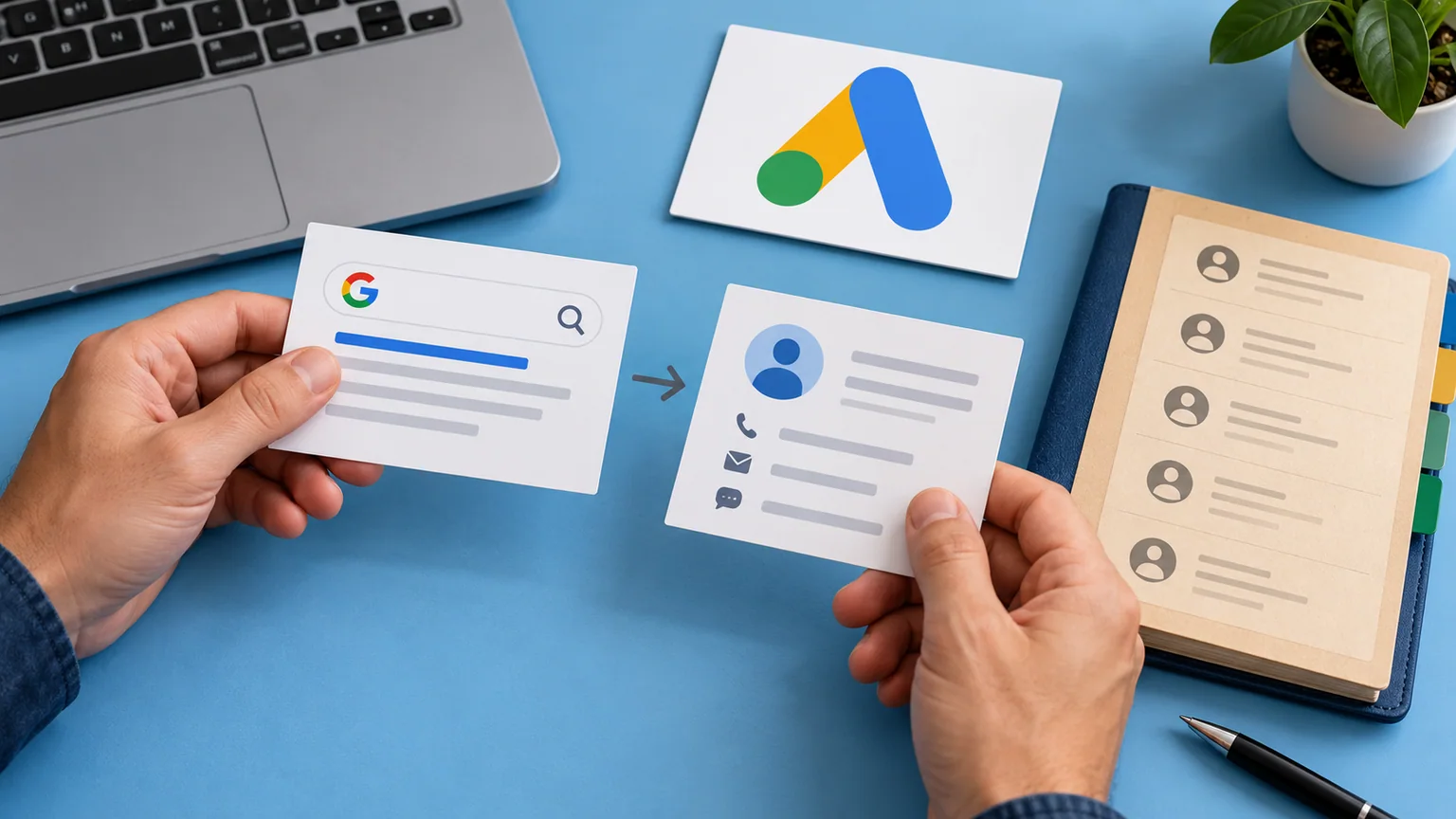 Mãos comparam cartão ilustrativo de pesquisa e ficha de contato ao lado da marca Google Ads.