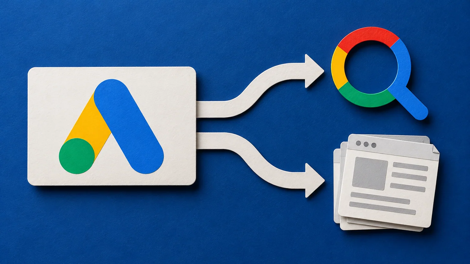 Cartão Google Ads ligado a uma lupa colorida e a páginas de papel por dois caminhos separados.