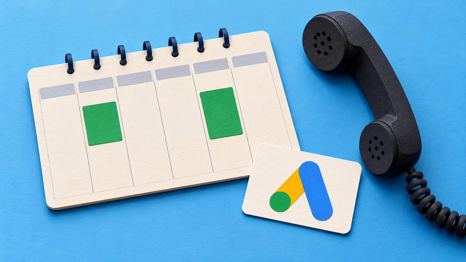 Agenda de papel com blocos verdes, fone preto e símbolo Google Ads sobre mesa azul.