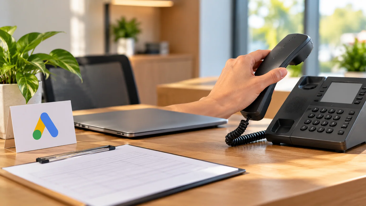 Mão segura fone de telefone num balcão com notebook fechado, prancheta e cartão Google Ads.
