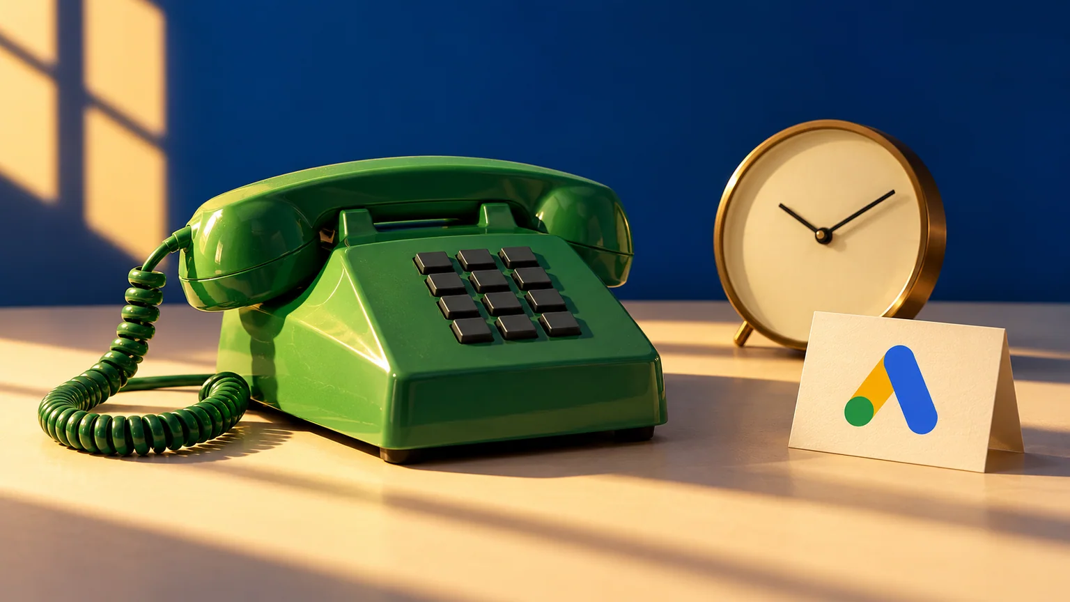 Telefone de mesa verde, relógio sem números e cartão com símbolo Google Ads sob luz lateral quente.