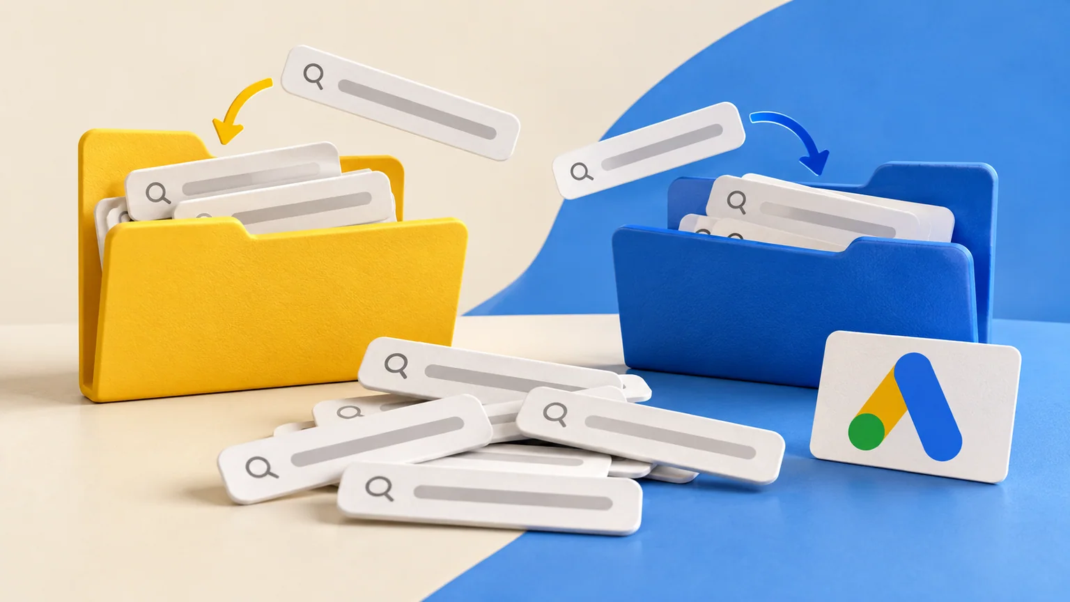 Cartões de buscas distribuídos entre duas pastas coloridas ao lado do símbolo do Google Ads.