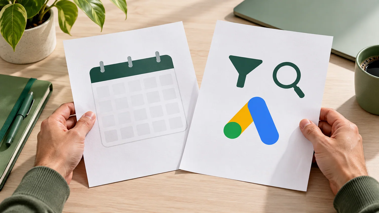 Mãos comparam um calendário sem números com ícones de filtro, lupa e Google Ads.