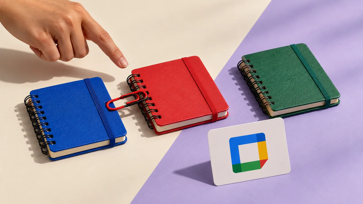 Mão organiza três calendários de papel, dois reunidos por clipe e outro separado, ao lado do Google Agenda.