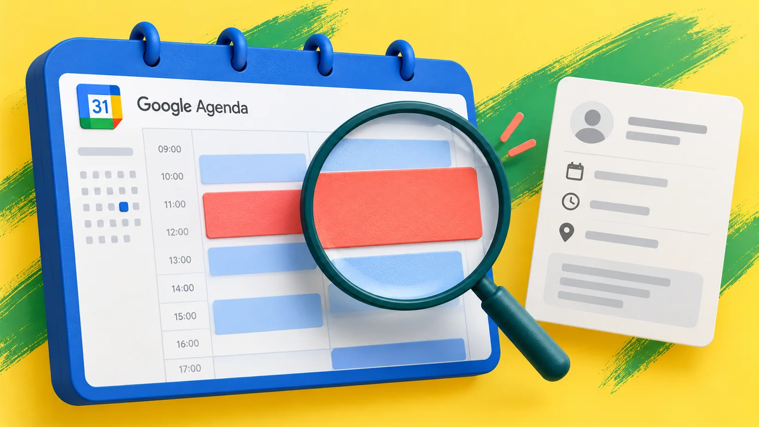 Lupa sobre bloco coral em calendário azul ao lado de cartão ilustrativo de reserva e marca Google Agenda.
