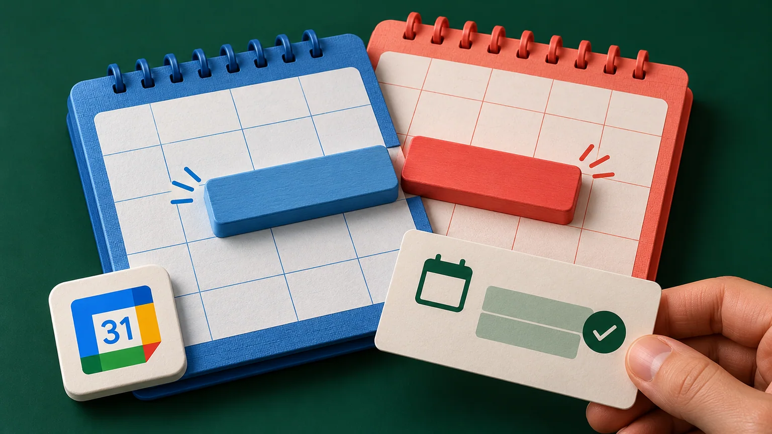 Calendários de papel sobrepostos com blocos coloridos e cartão de reserva, ao lado da marca Google Agenda.