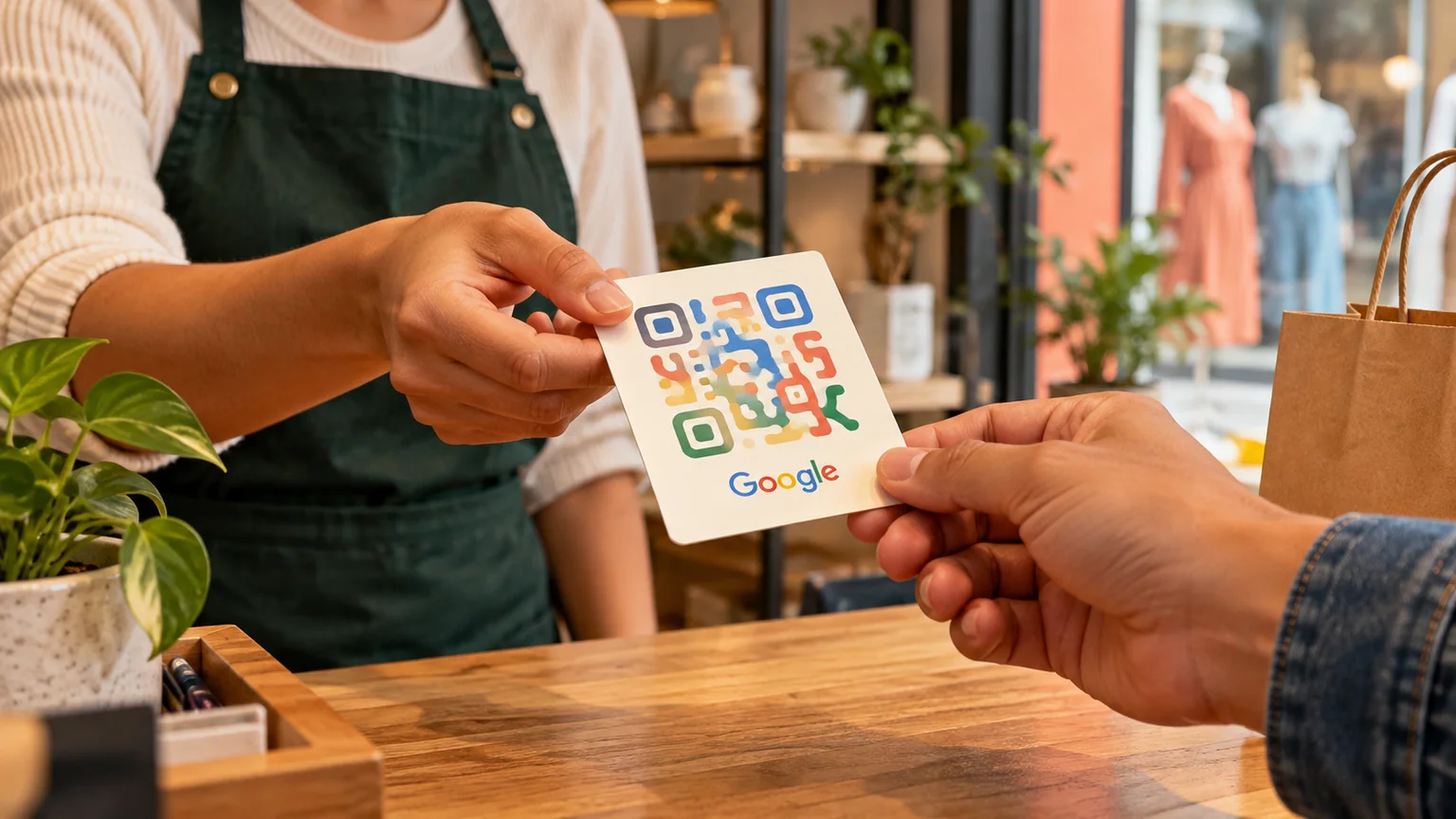Duas pessoas trocam um cartão com QR code desenhado e a marca Google sobre o balcão de uma loja.