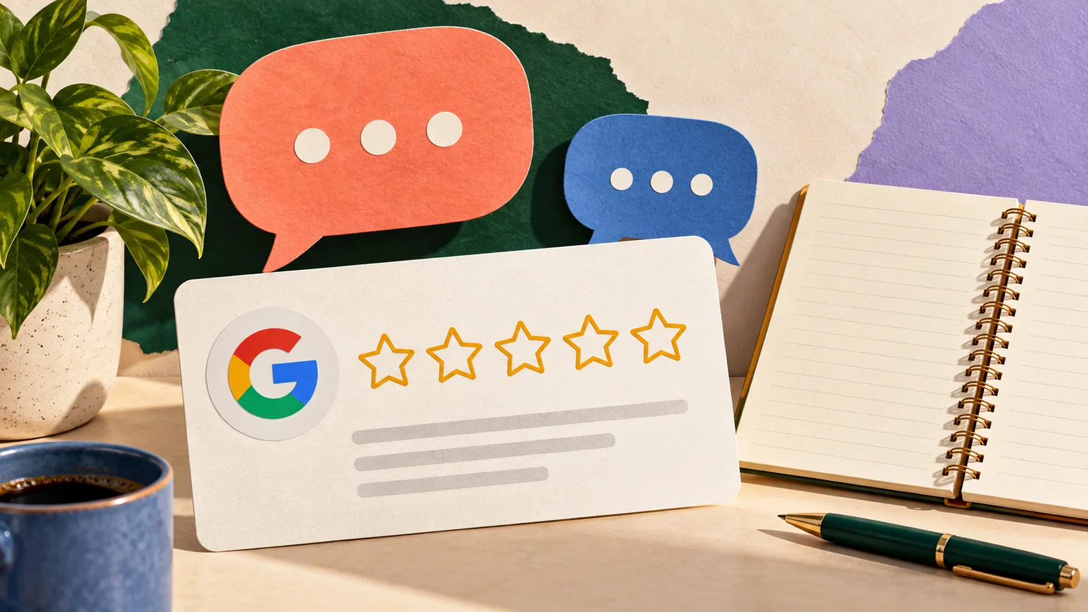 Cartão de avaliação com estrelas vazias, dois balões de conversa e caderno aberto, em colagem de papel.