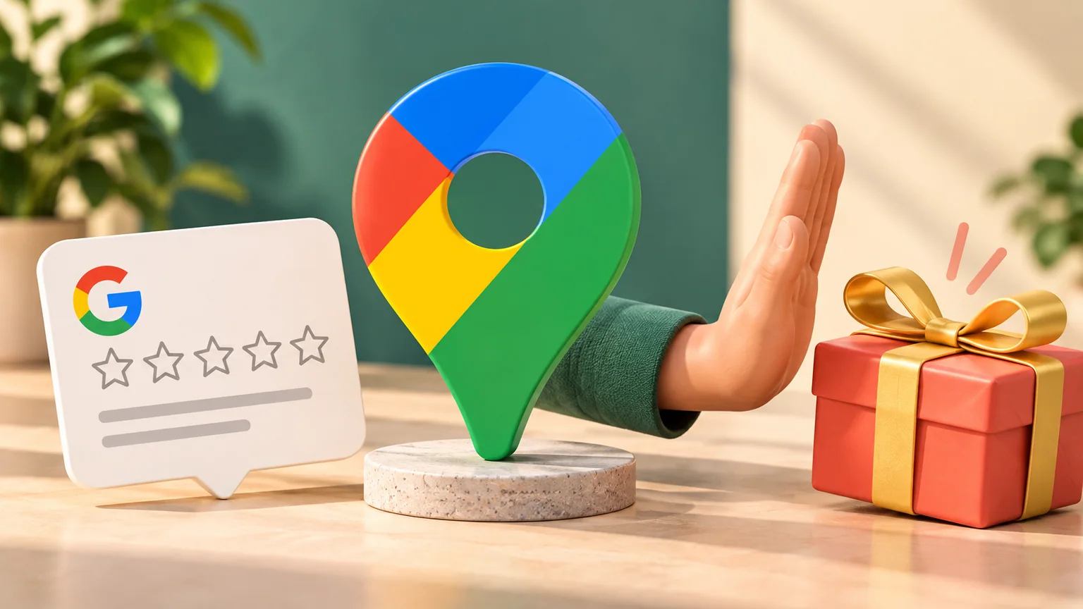 Marcador colorido do Google Maps entre um cartão de avaliação com estrelas vazias e uma mão que afasta um presente.