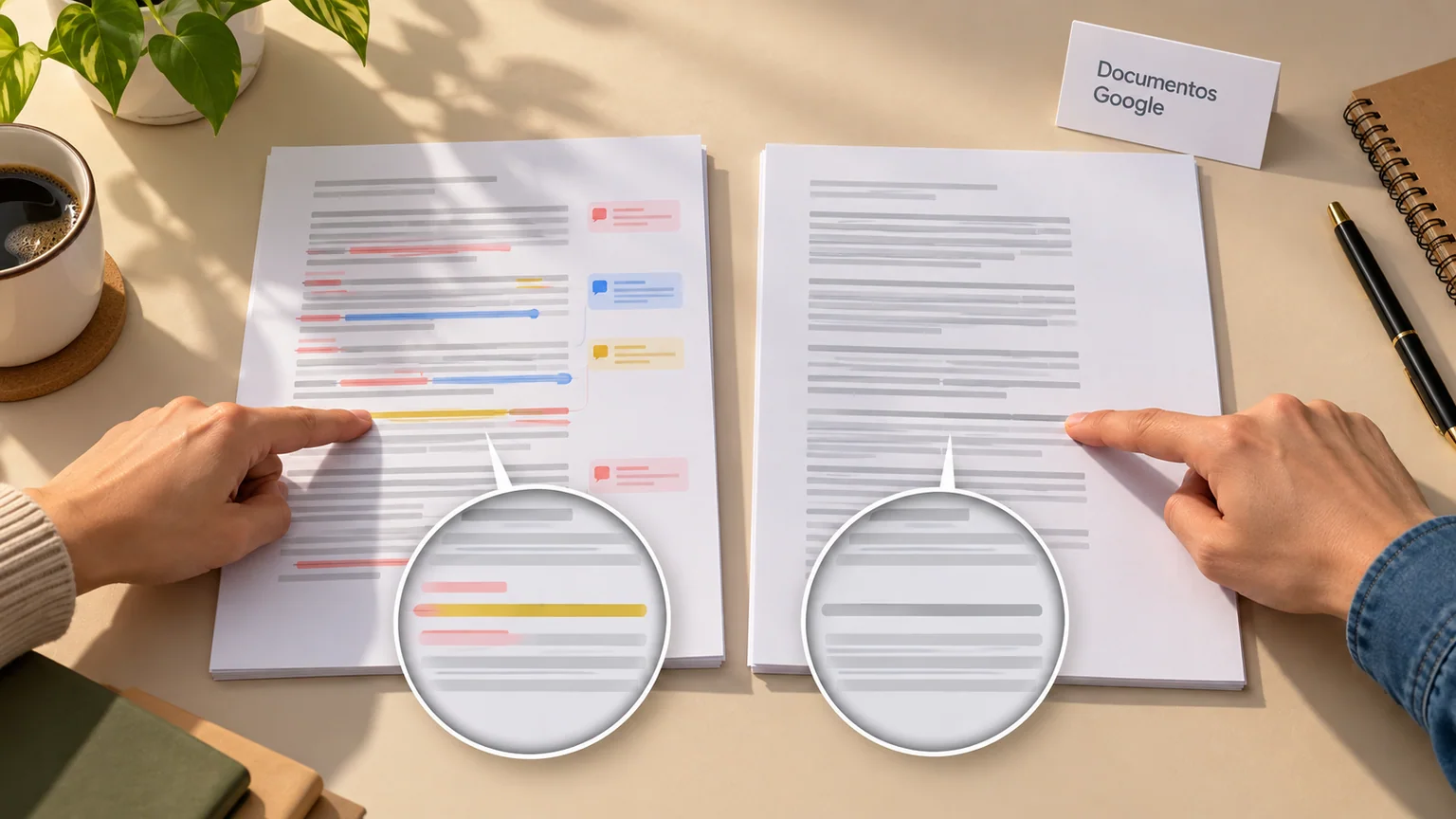 Mãos comparam documento com marcações e versão limpa, com ampliações das linhas e identificação Documentos Google.