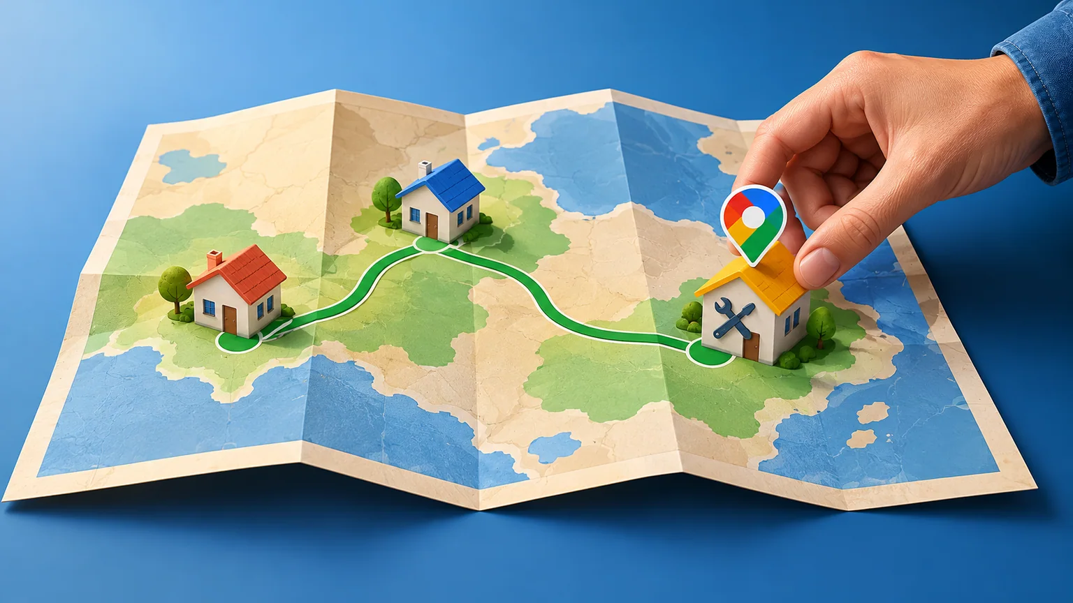 Mão posiciona pin Google Maps numa casa de maquete sobre mapa dobrado com três casas ligadas por caminho verde.