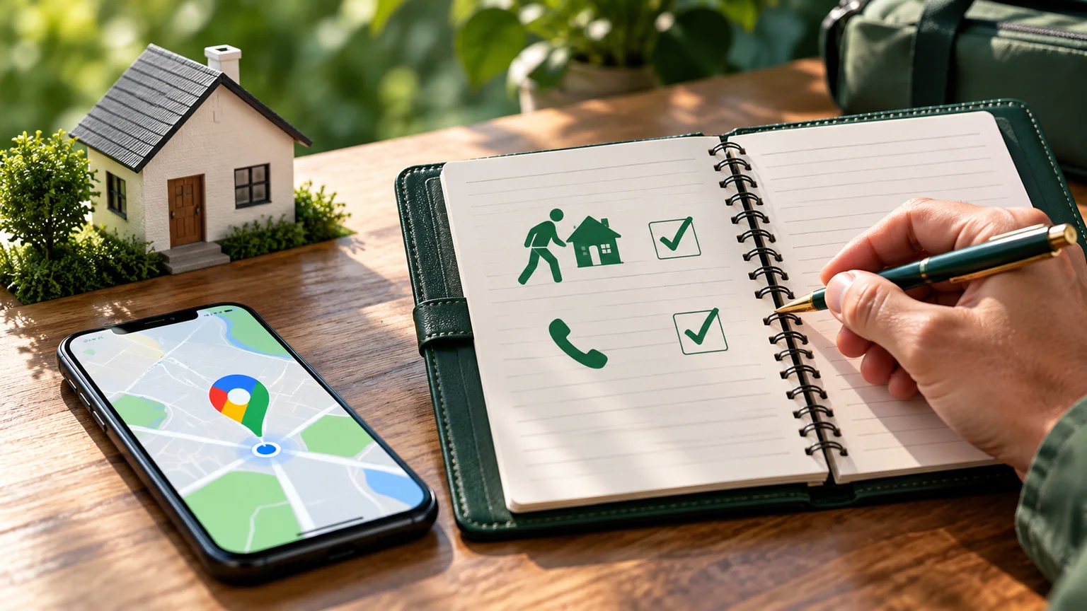Mão confere caderno com símbolos de visita e telefone, ao lado de casa em miniatura e celular com mapa ilustrativo.
