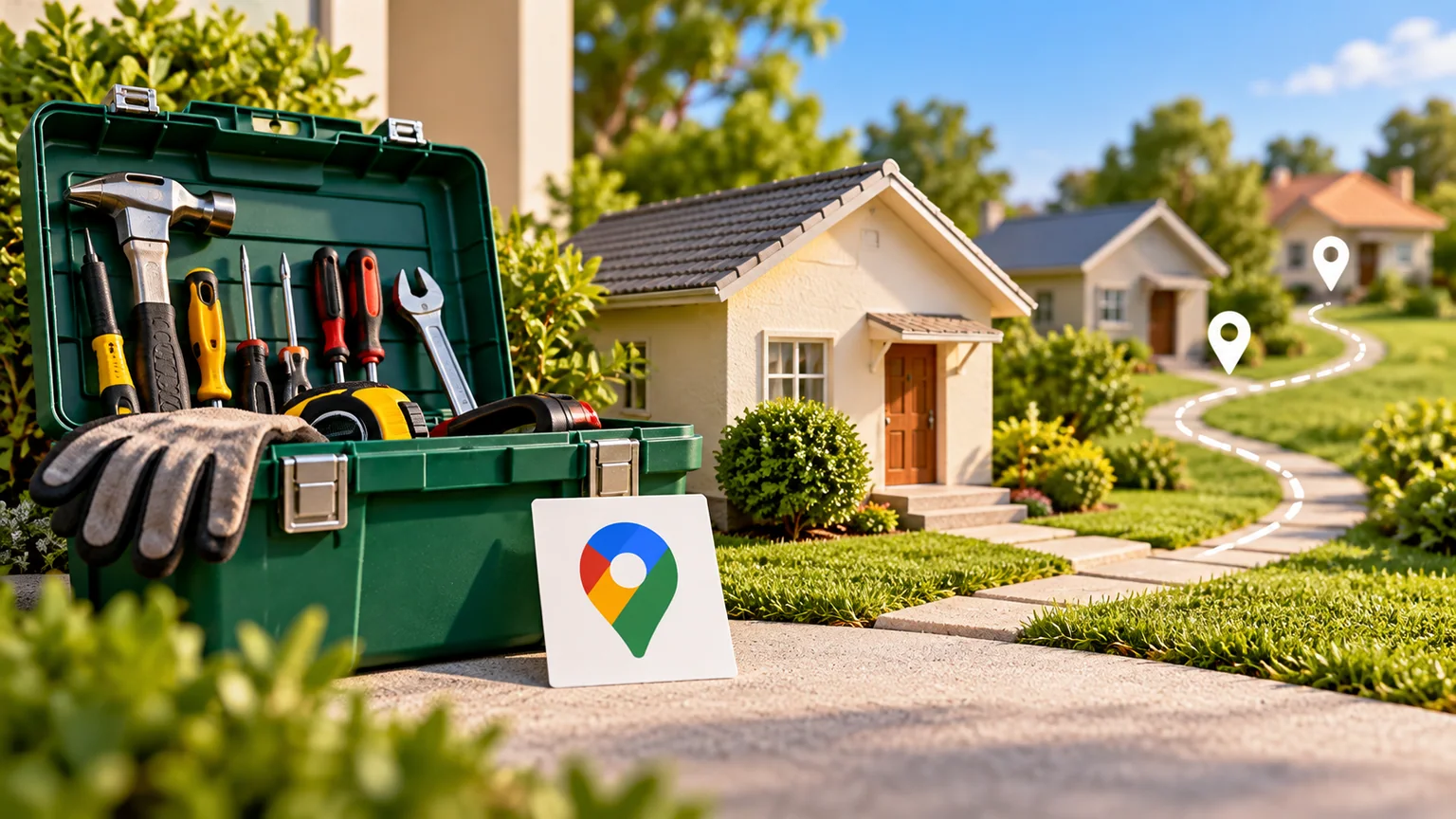 Caixa de ferramentas verde diante de maquetes de casas, caminho pontilhado e cartão com pin Google Maps.