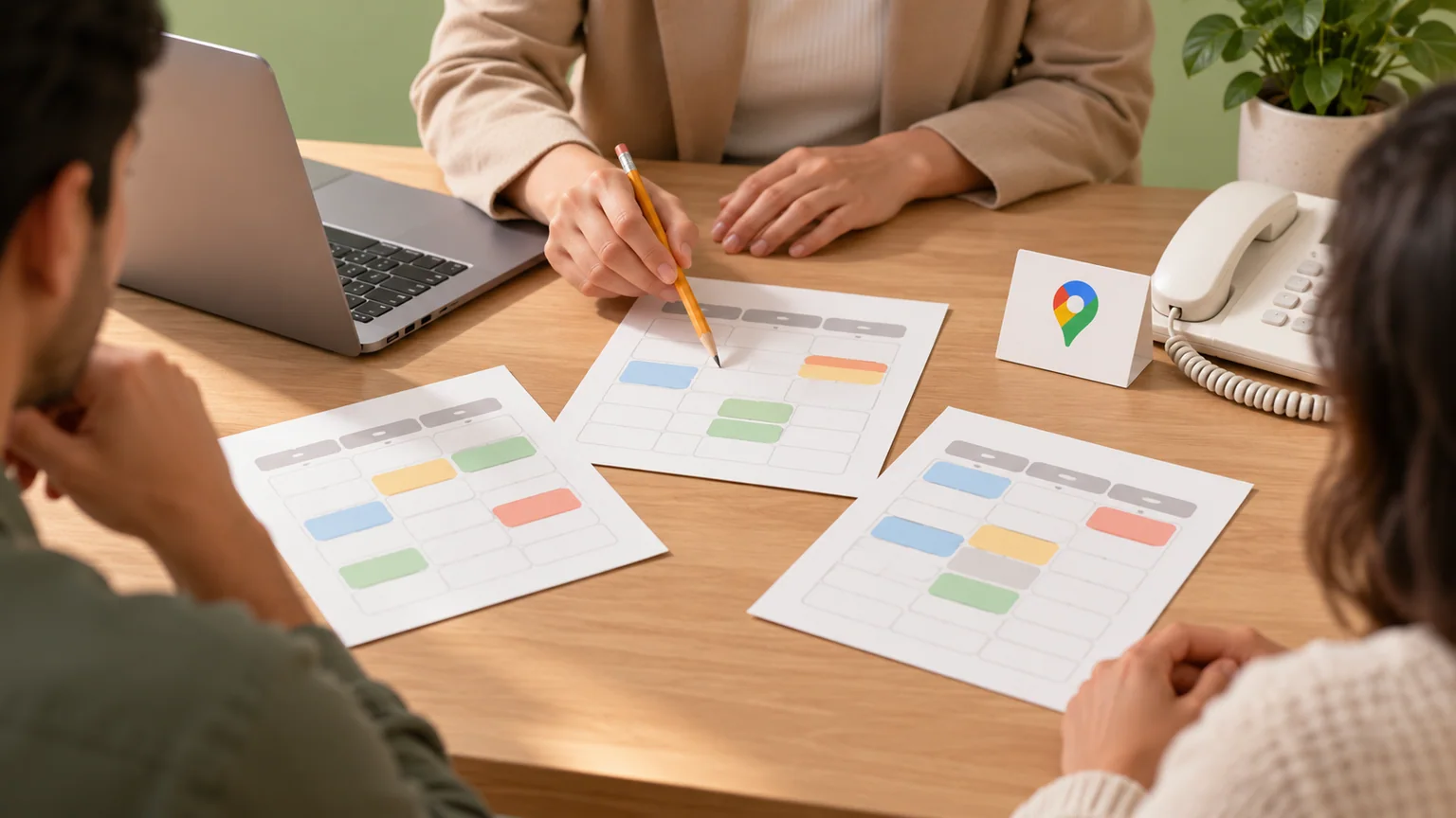 Pessoas fictícias conferem calendários sobre mesa com notebook, telefone e cartão com símbolo Google Maps.