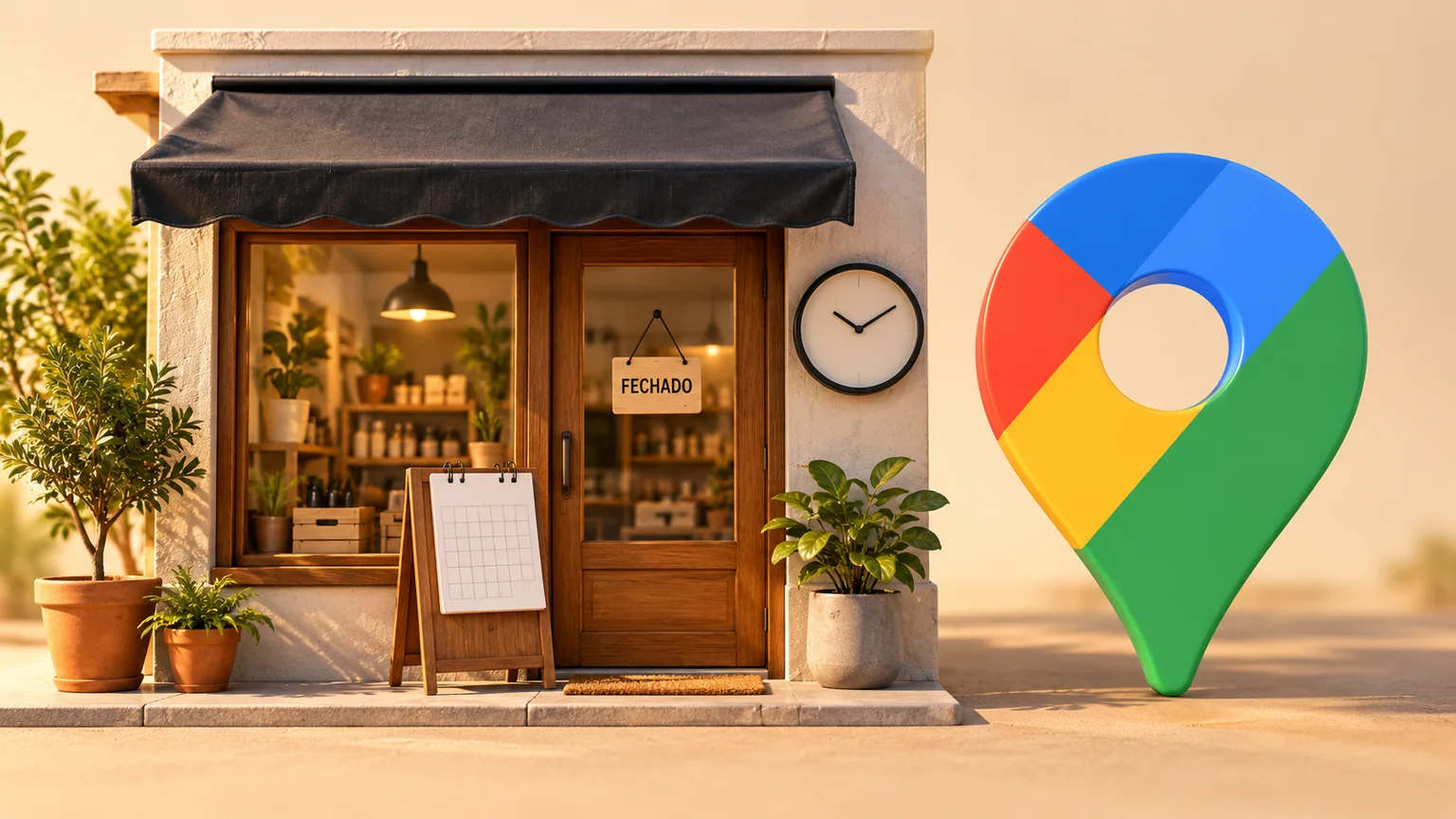 Maquete de pequena loja com placa Fechado, relógio e calendário sem data ao lado do símbolo Google Maps.