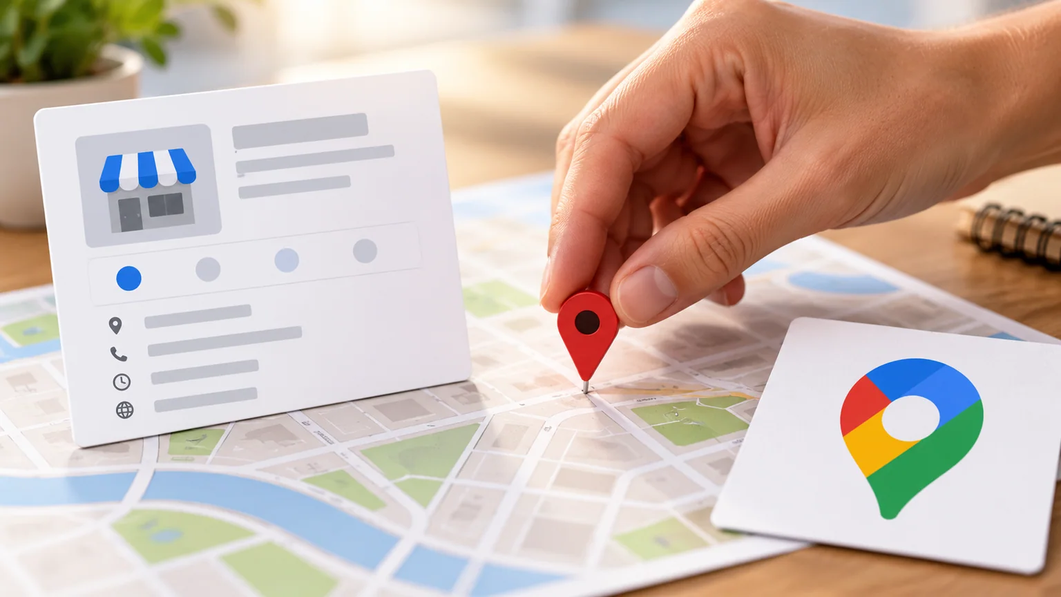 Mão reposiciona alfinete em mapa de papel, ao lado de ficha ilustrativa de empresa e cartão Google Maps.