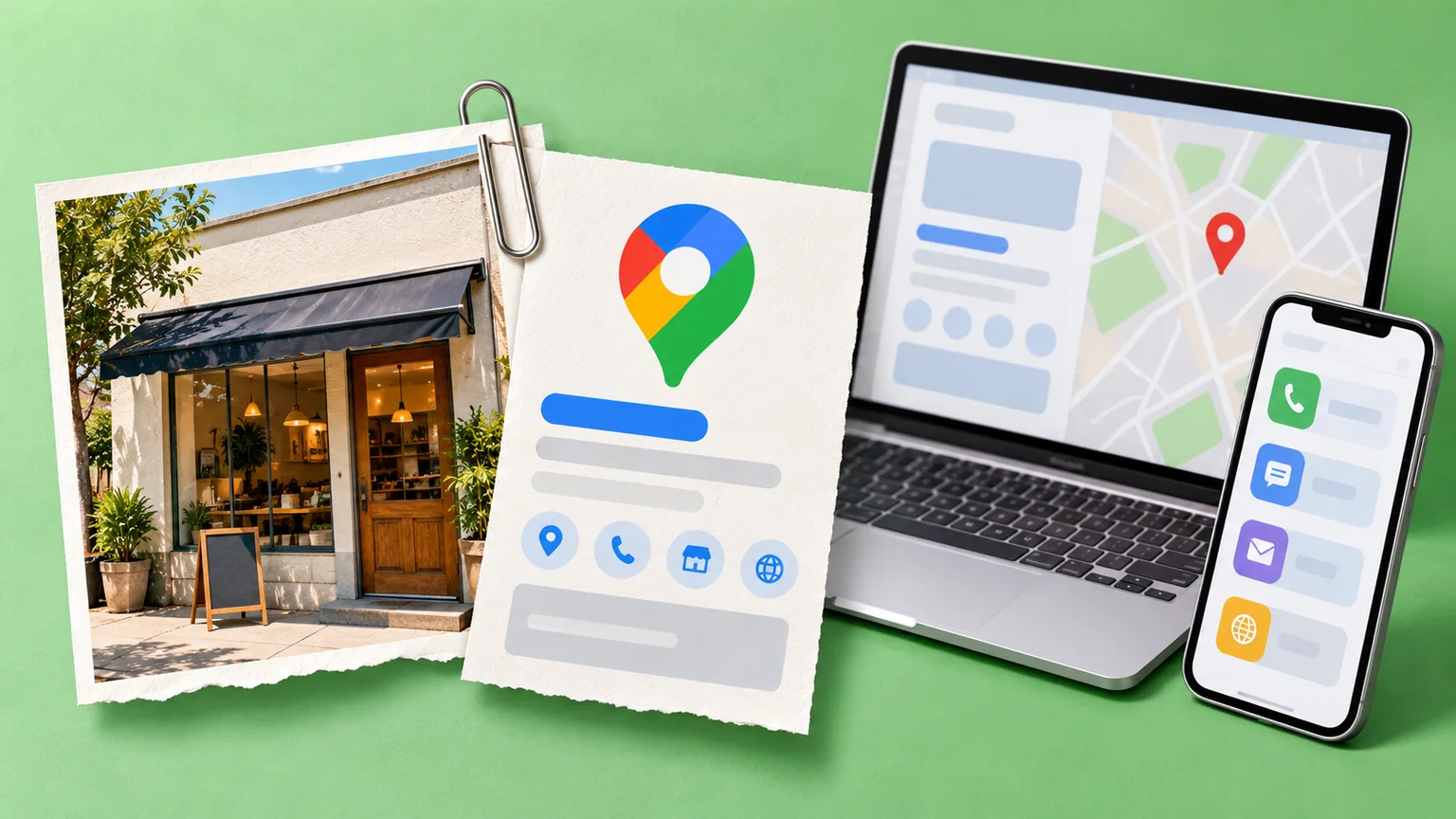 Fachada fictícia e ficha de perfil unidas por clipe, com Google Maps e telas ilustrativas em notebook e celular.