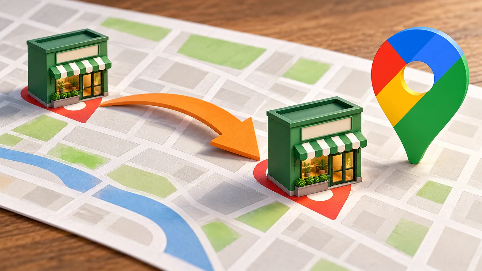 Duas representações da mesma loja verde ligadas por seta de mudança sobre mapa de papel, ao lado de símbolo Google Maps.
