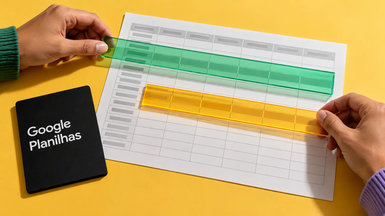 Mãos destacam linhas distintas de tabela com lâminas transparentes, ao lado de cartão Google Planilhas.
