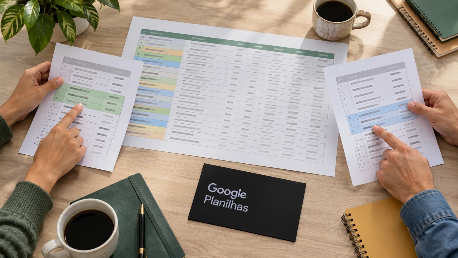 Duas pessoas conferem consultas em folhas separadas junto de tabela maior e cartão Google Planilhas.