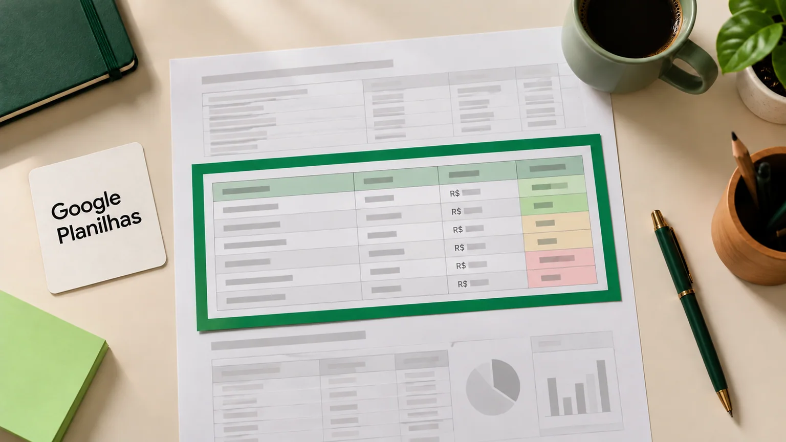 Moldura verde delimita uma tabela numa folha maior ao lado do nome Google Planilhas.