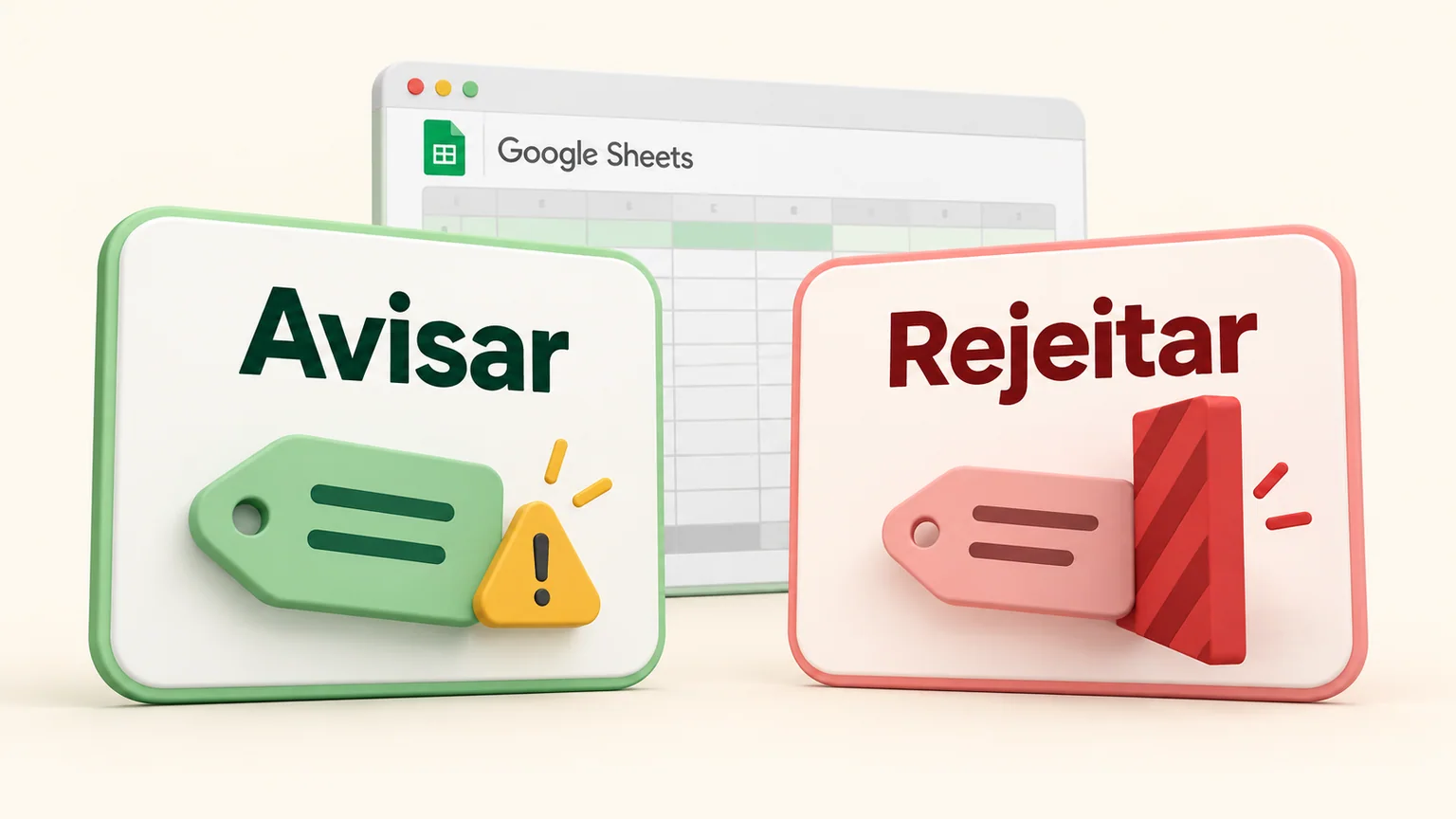 Cartões Avisar e Rejeitar mostram uma etiqueta diante de sinal de aviso e de uma barreira.