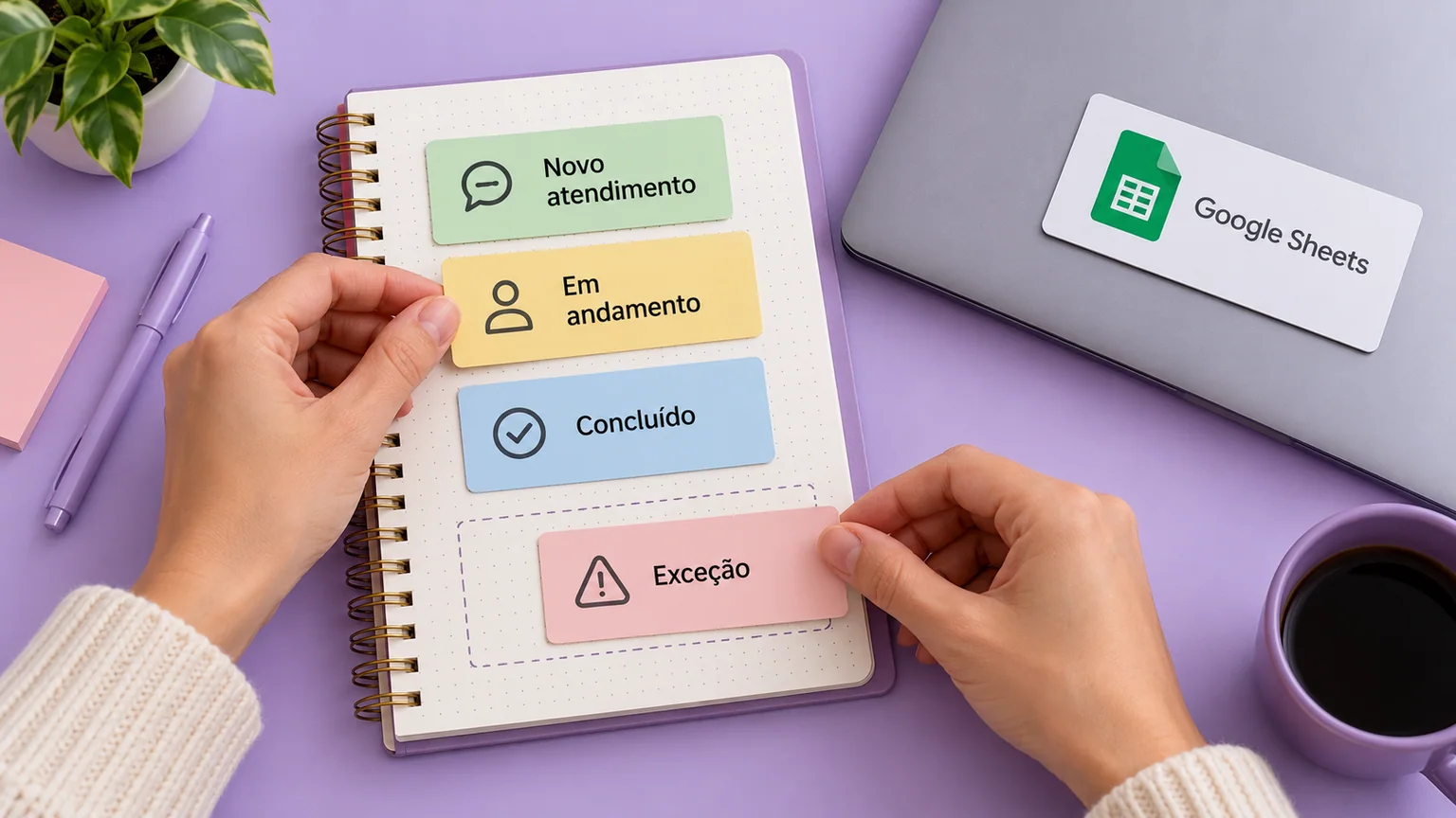 Mãos organizam etiquetas de atendimento num caderno, incluindo um espaço separado para Exceção.