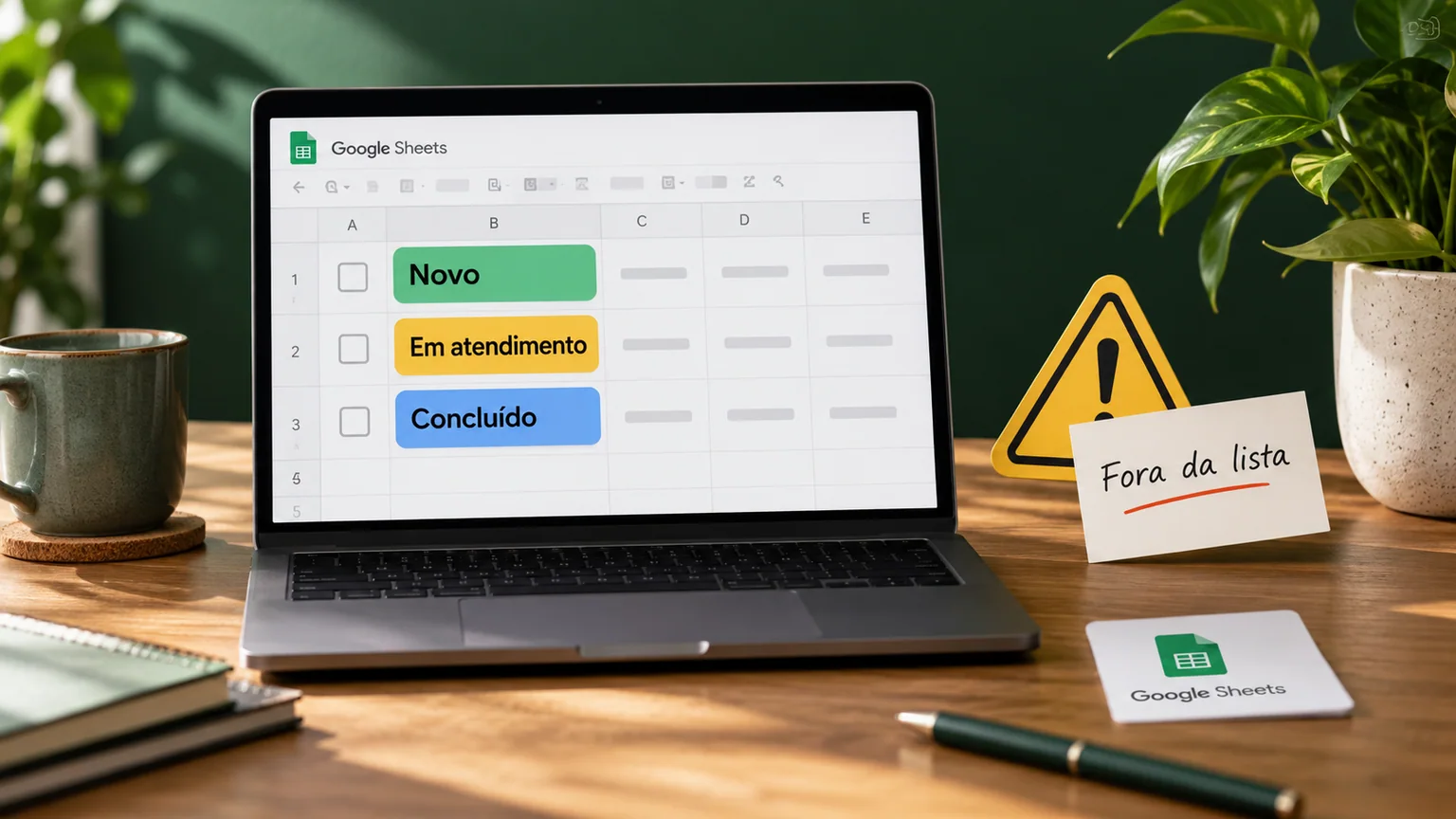 Laptop com planilha ilustrativa e três opções de status; cartão Fora da lista aparece junto a um aviso amarelo.