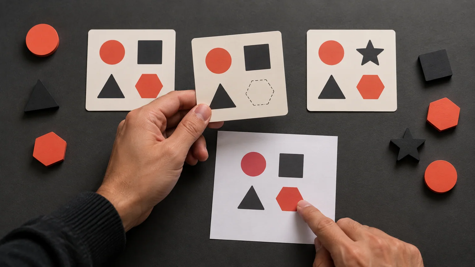 Mãos comparam cartões de formas geométricas, incluindo peças incompletas e diferenças de conteúdo.