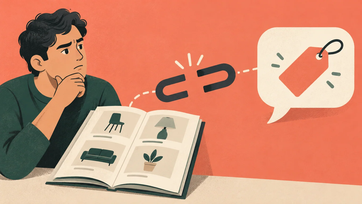 Pessoa ilustrada diante de um catálogo e um balão com etiqueta em branco, separados por um elo interrompido.