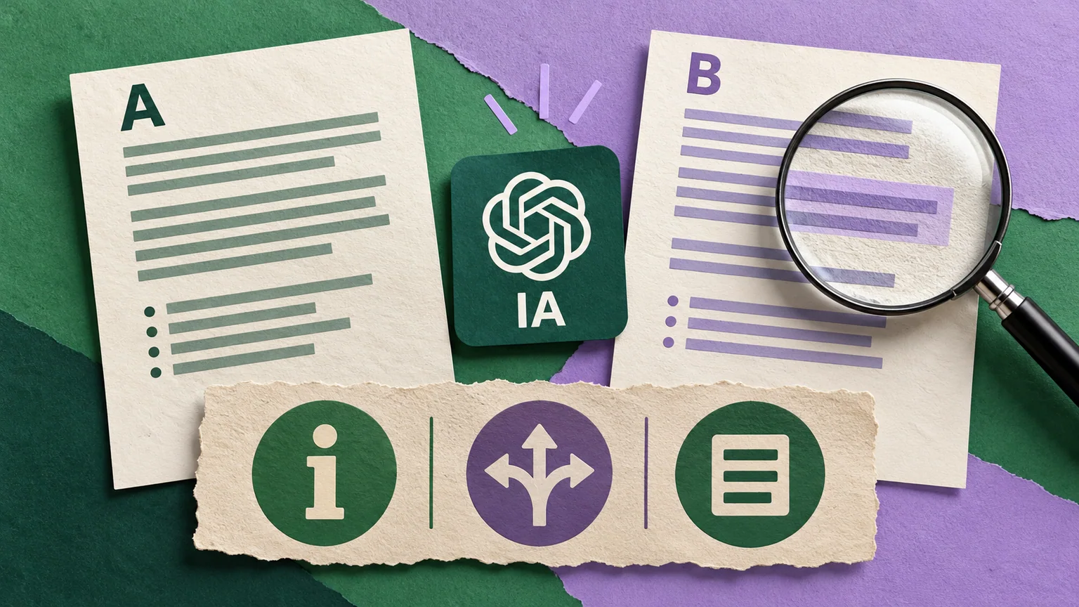 Folhas A e B, lupa sobre uma resposta e cartões de critérios ao lado de símbolo ChatGPT e sigla IA.