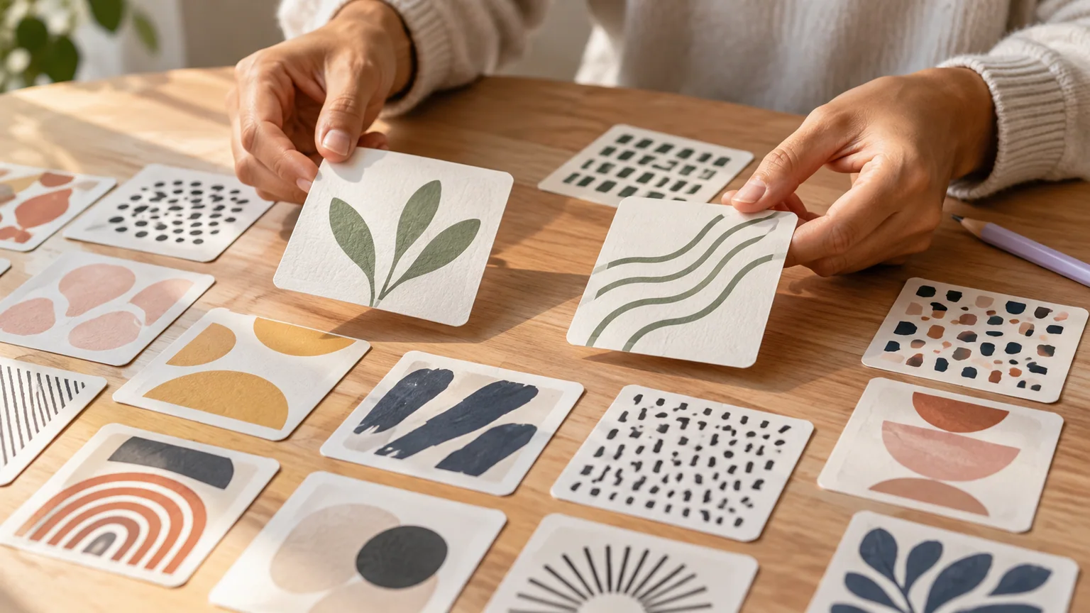 Duas mãos comparam cartões com uma folha e linhas verdes, entre várias amostras de padrões e cores sobre uma mesa.