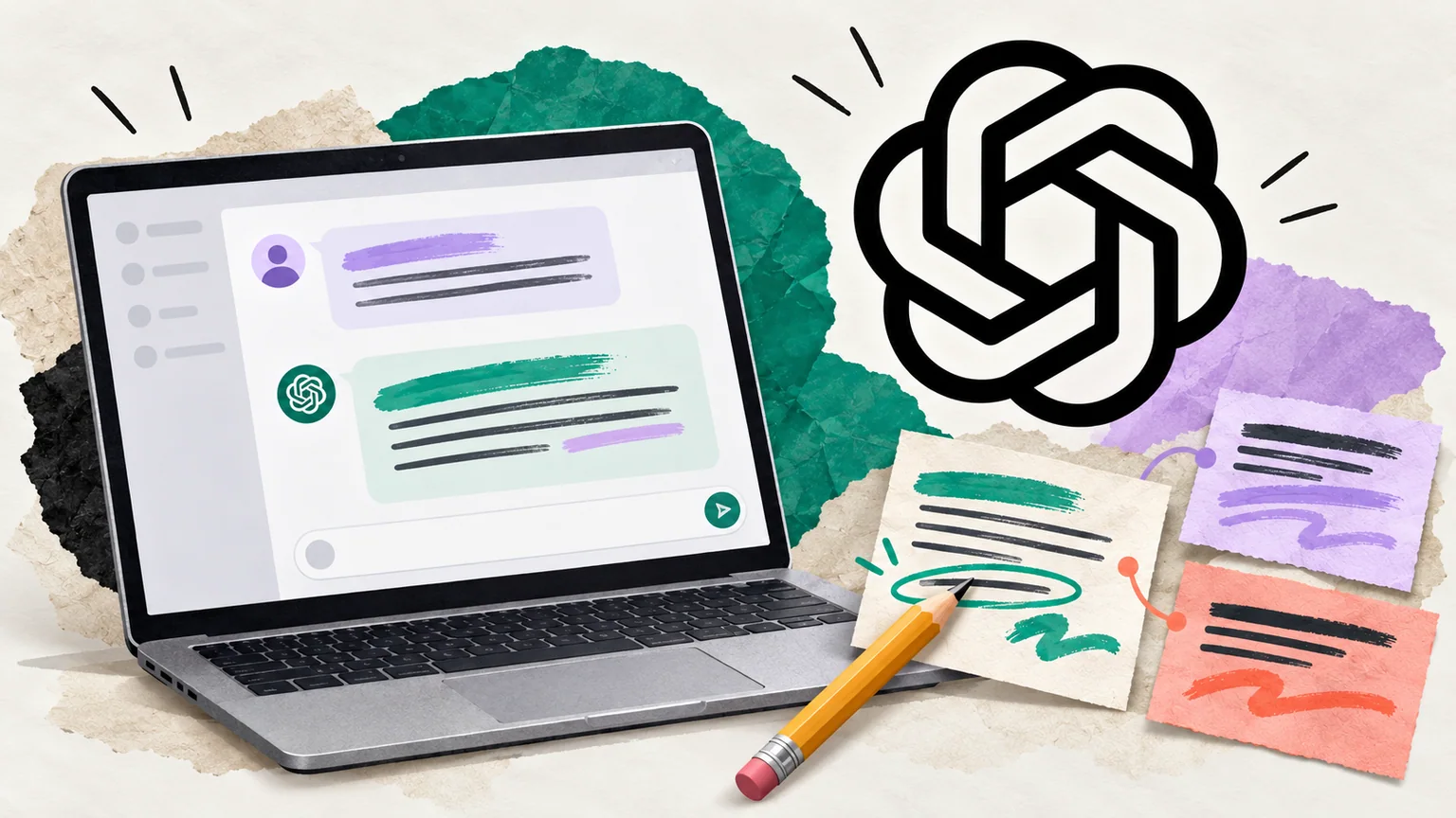 Notebook com uma conversa de IA ilustrada, símbolo da OpenAI, lápis e amostras de texto em papéis coloridos.