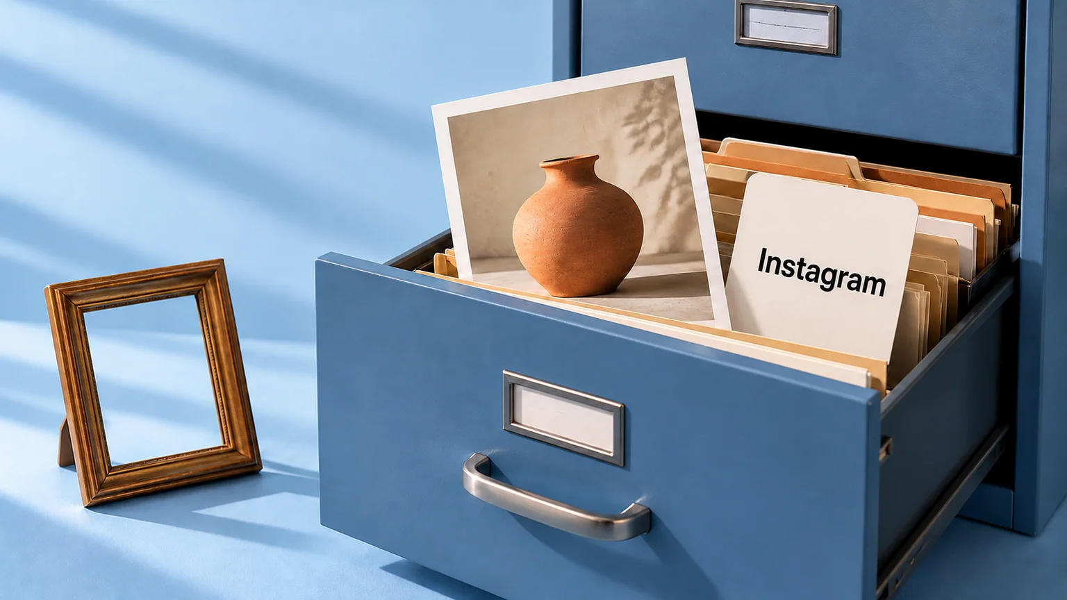 Fotografia de vaso guardada em gaveta com cartão Instagram, ao lado de uma moldura vazia.