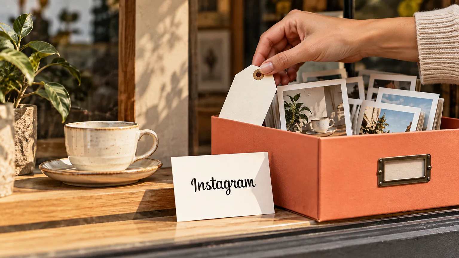 Mão recolhe etiqueta de uma vitrine para uma caixa de fotografias ao lado do nome Instagram.