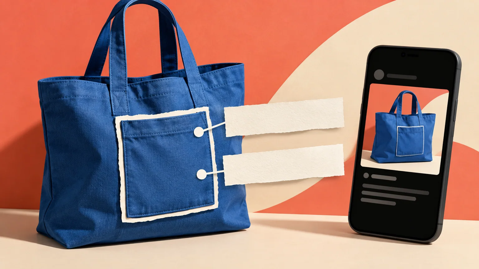 Bolsa azul com bolso destacado por recorte e etiquetas vazias, junto de celular com publicação ilustrativa.