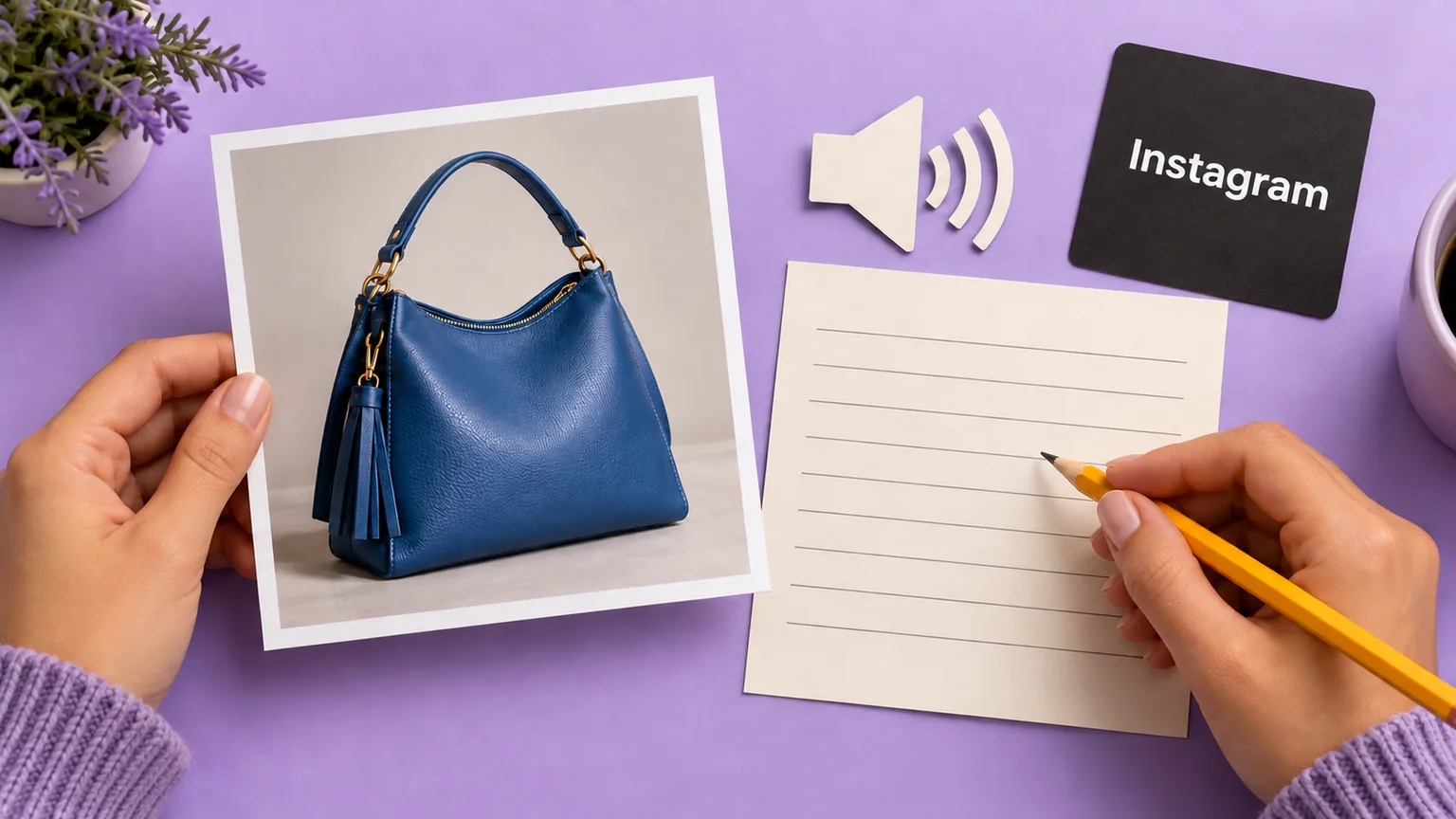 Mãos preparam descrição ao lado de foto de bolsa azul, símbolo de áudio e cartão com a palavra Instagram.