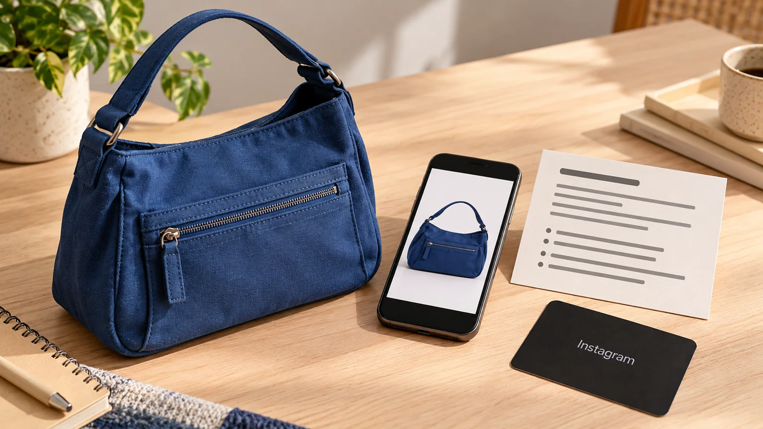 Bolsa azul de tecido com bolso externo, celular com sua foto ilustrativa e folha de descrição, ao lado de cartão Instagram.