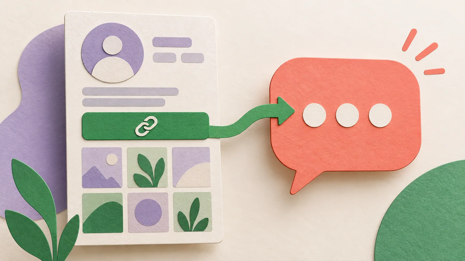 Perfil social de papel com link verde destacado que leva a um balão de conversa coral.