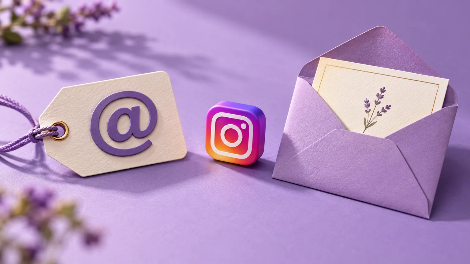 Etiqueta com arroba, símbolo Instagram em gradiente e envelope aberto sobre mesa lavanda.