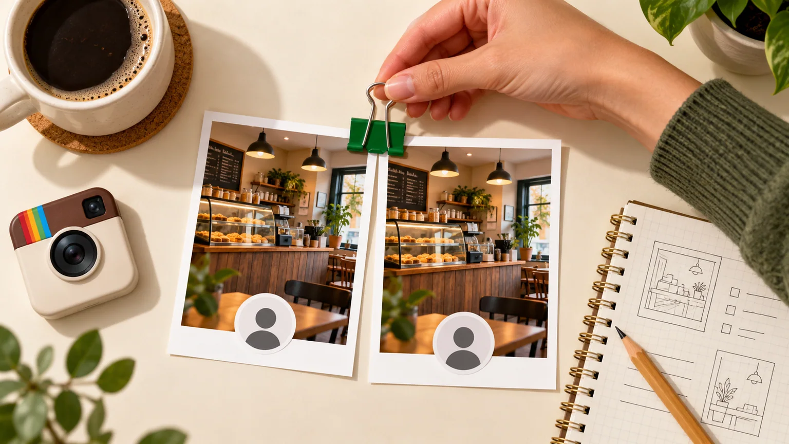 Mão une com clipe verde duas fotos ilustrativas de cafeteria com ícones de perfil, ao lado de câmera e caderno.