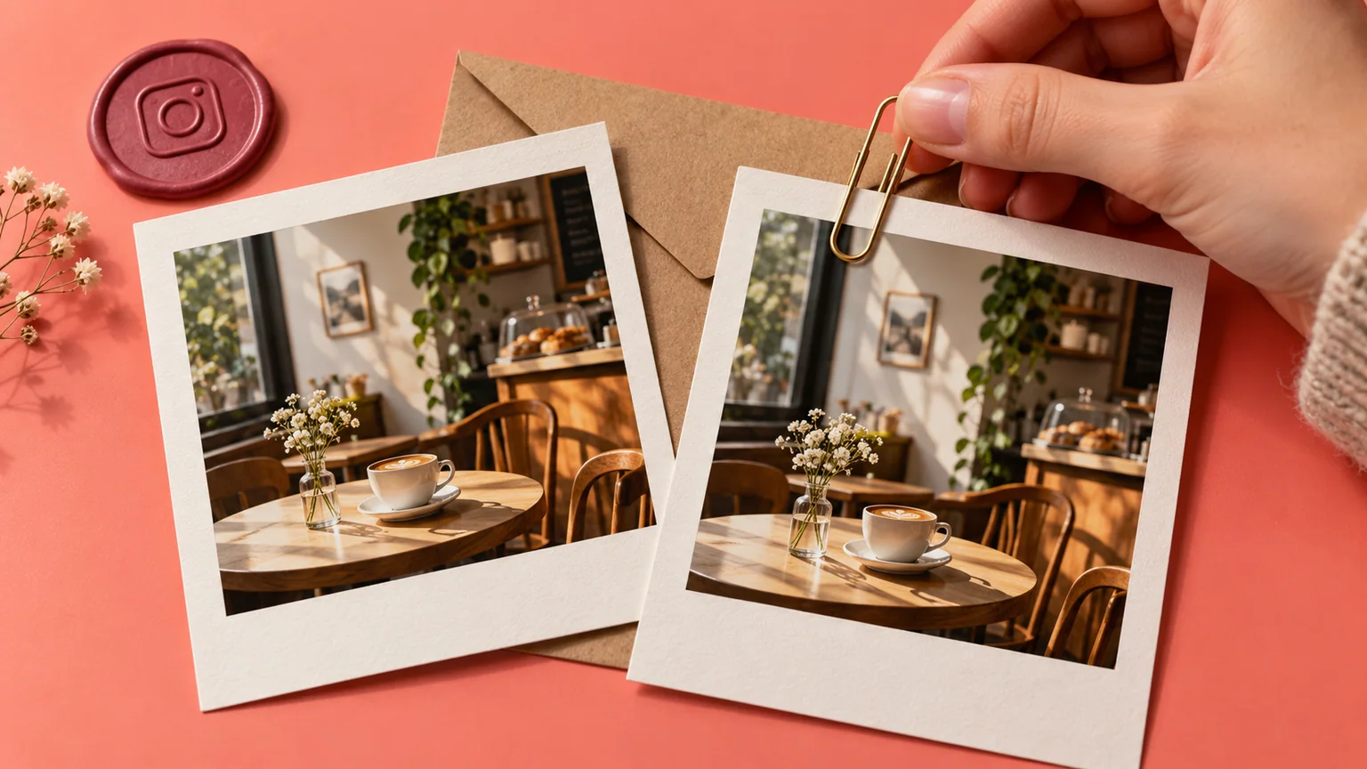 Duas fotografias ilustrativas de uma cafeteria, envelope e mão aproximando um clipe, com símbolo Instagram sobre fundo coral.