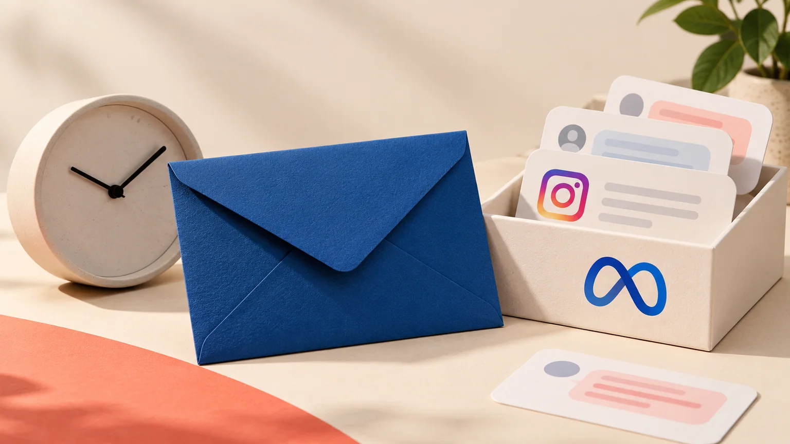 Envelope azul e relógio ao lado de caixa com cartões fictícios de conversa e marcas Instagram e Meta.