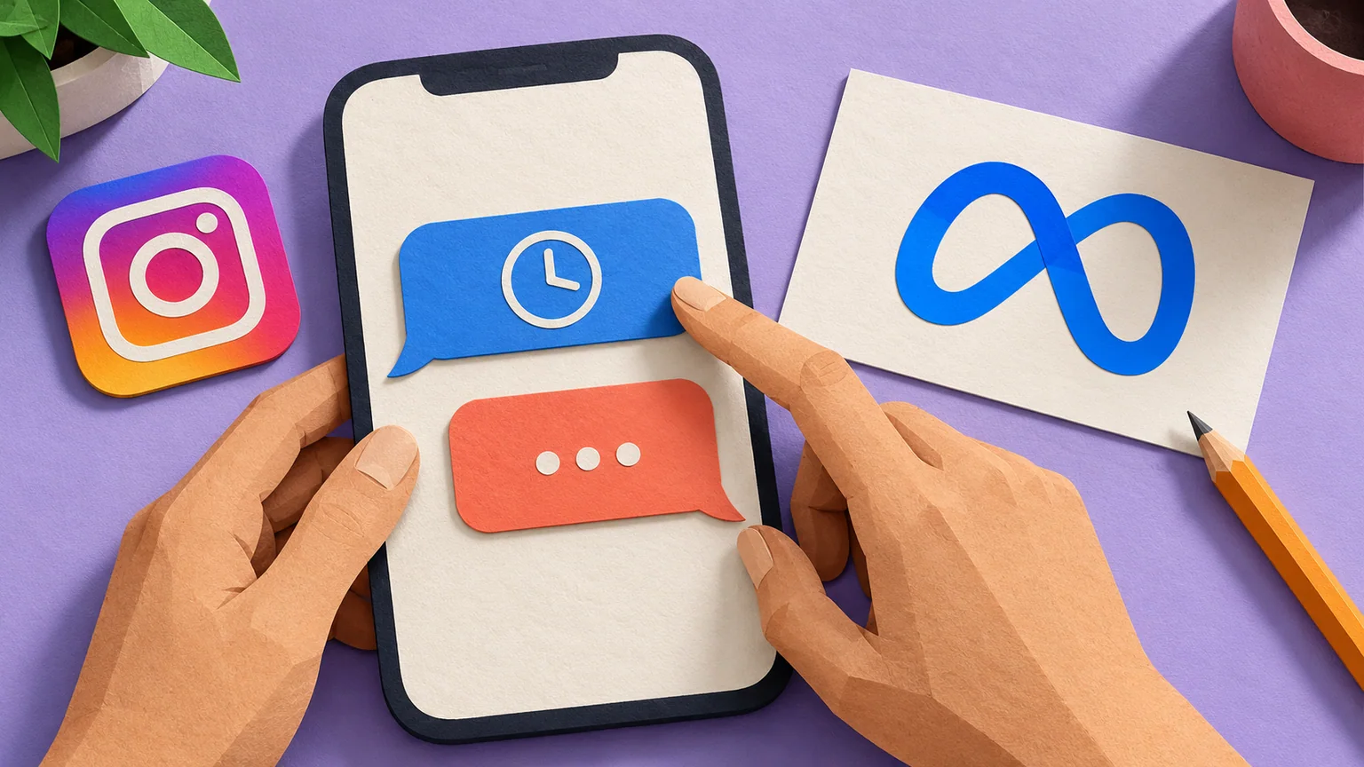 Mãos de papel apontam balão azul com relógio acima de nova mensagem coral, ao lado de marcas Instagram e Meta.