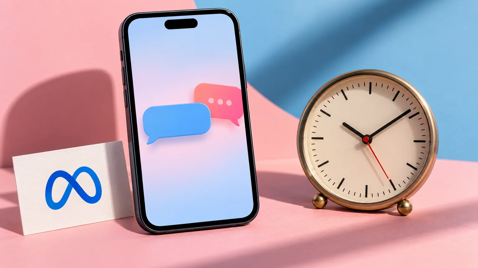 Celular com dois balões de conversa ao lado de relógio analógico e cartão com marca Meta.